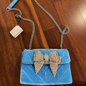 Kurt Geiger Medium Blue Velvet Kensington Rhinestone Bow Crossbody Bag